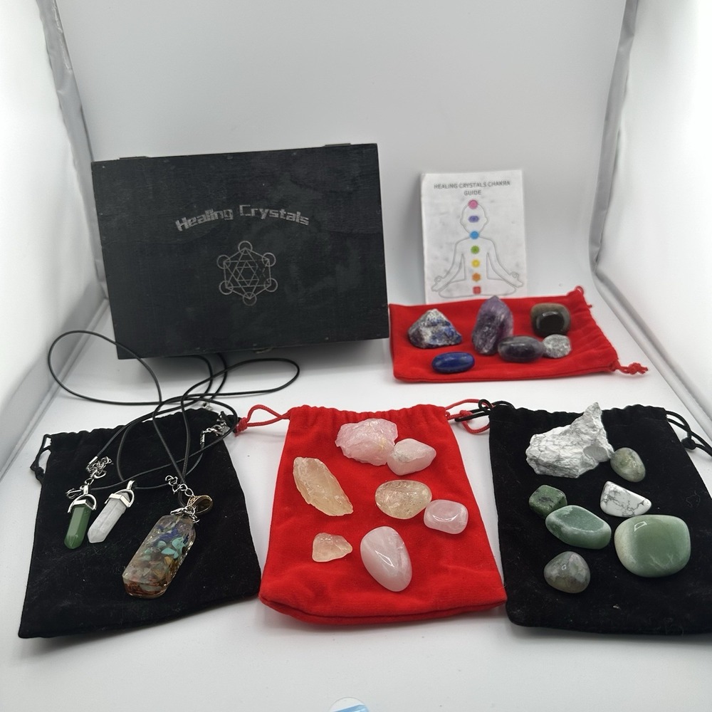 Healing Crystals Chakra Stone Set Gift Box Pendants Rose Quartz 23pc Good